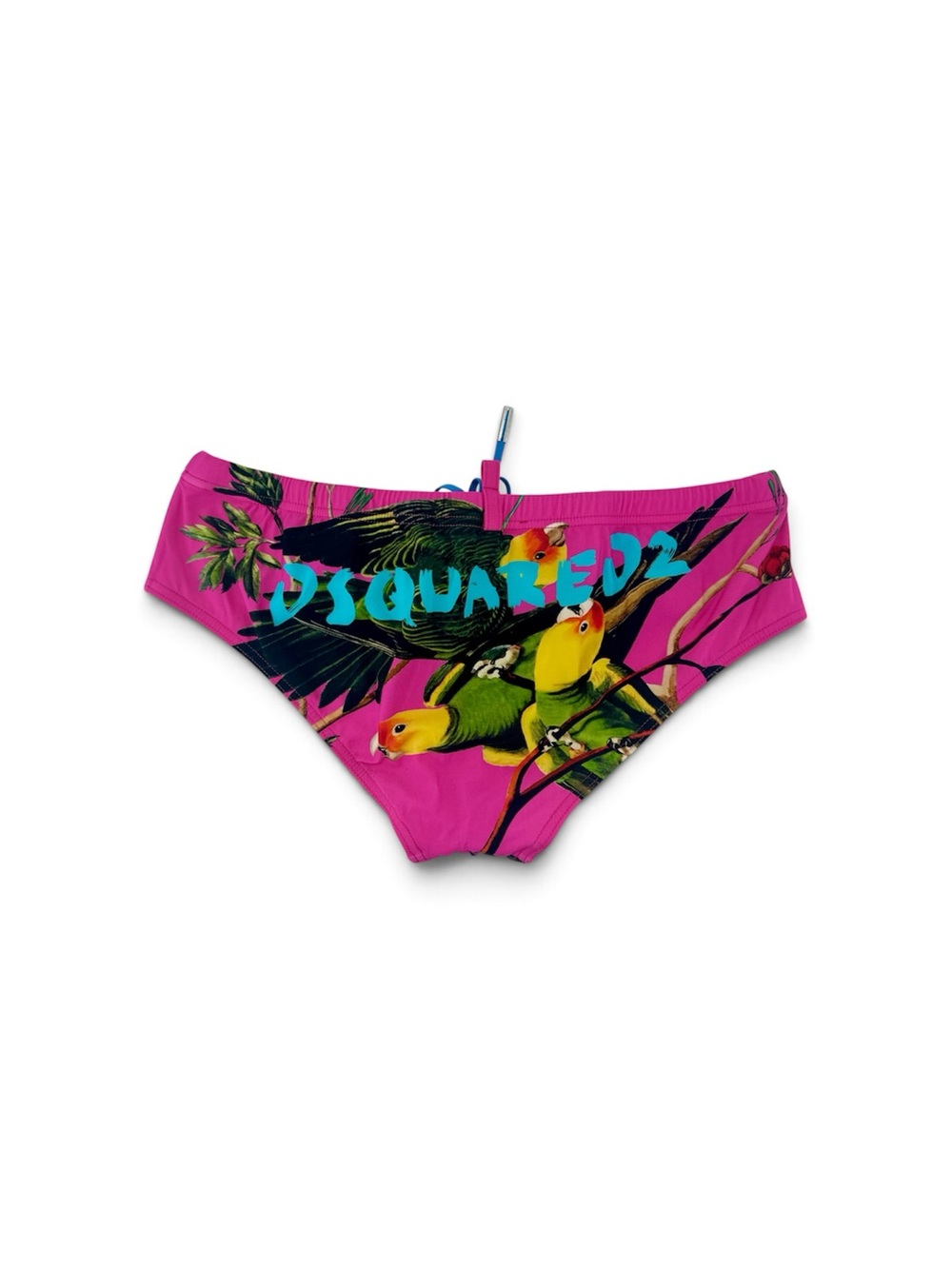 DSQUARED2 Hot Pink Tropical Print Swim Briefs with Blue Drawcord (PM100228)